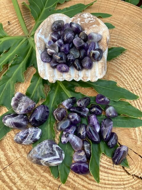 Chevron Amethyst (Dream Amethyst) Tumbles and Palm Stones - Amethyst Aura Moon