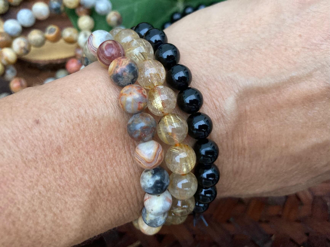 Bracelets - Black Tourmaline, Golden Rutilated Quartz and Crazy Lace Agate - Amethyst Aura Moon